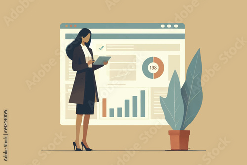 Illustration of a career woman sending a weekly report via a small computer from the office