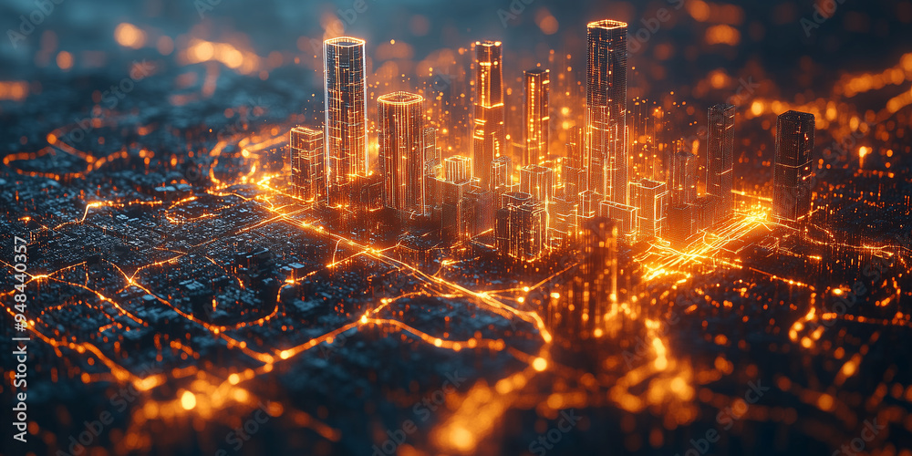 Fototapeta premium Holographic map of a smart city with AI analyzing real-time data and virtual features.