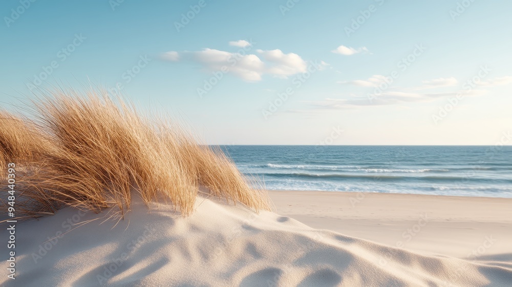 Golden stalks of dune grass stand out against a backdrop of a calm, blue sea, under a pale blue sky, swaying gently in the sea breeze on a sunny beach day. Golden stalks of dune grass stand out against a backdrop of a calm, blue sea, under a pale blue sky, swaying gently in the sea breeze on a sunny beach day.