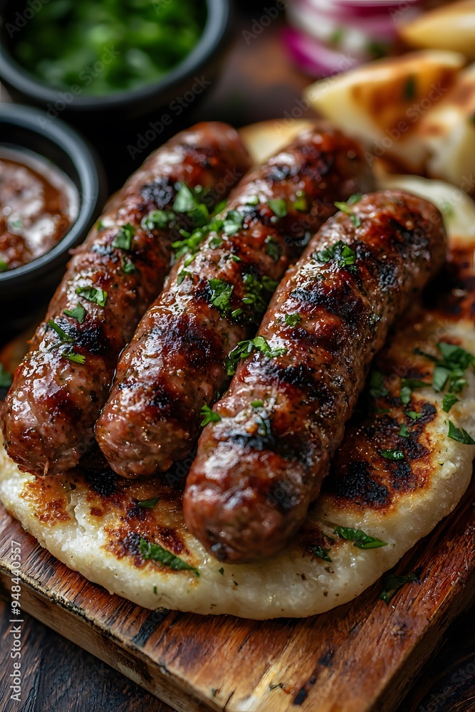 Cevapi - Grilled minced meat sausages, often served with flatbread. Cevapi - Grilled minced meat sausages, often served with flatbread.