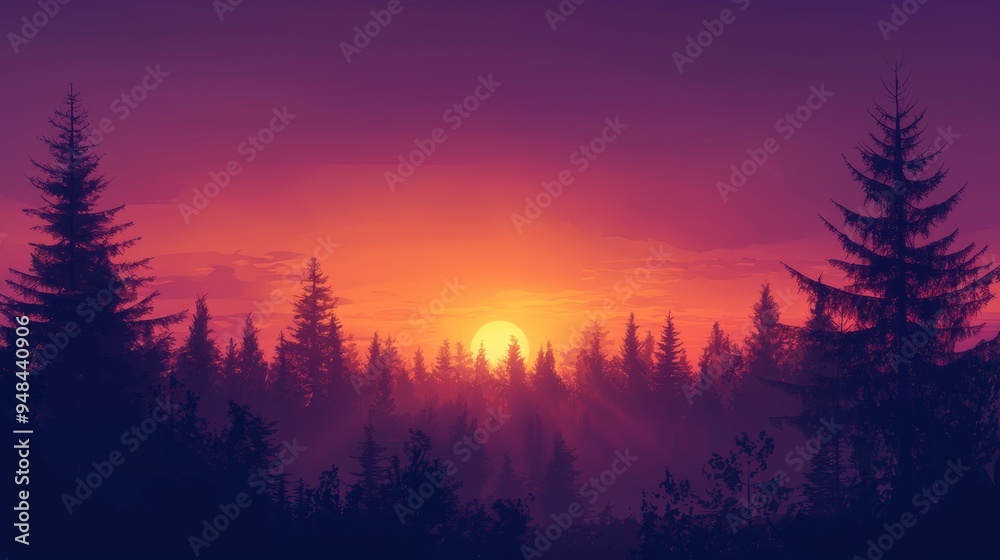 Sunset Behind Silhouette of Pine Forest Sunset Behind Silhouette of Pine Forest