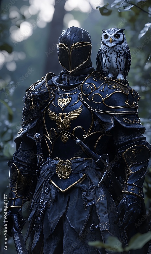 A knight in dark armor with gold accents stands in a forest with an owl perched on his shoulder.