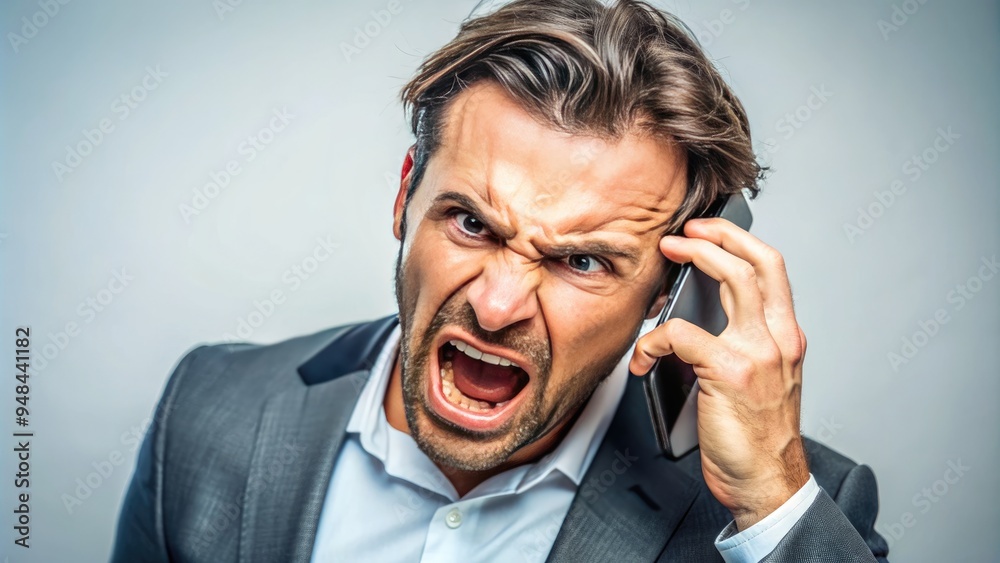 Exasperated person holds mobile phone away from ear, looking frazzled and annoyed, with a mix of frustration and disappointment on their facial expression. Exasperated person holds mobile phone away from ear, looking frazzled and annoyed, with a mix of frustration and disappointment on their facial expression.