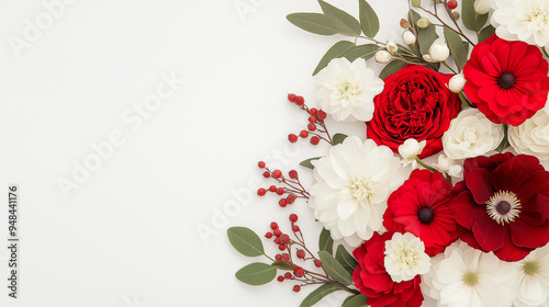 hotography Large dark red and cherry red flowers, gold and cream flowers, few green leaves and buds, macro view on solid light dove gray background. photo