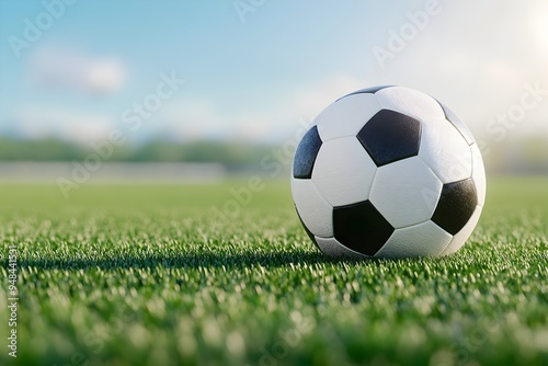 Close up shot of a soccer ball on a lush green field with the grass slightly blurred to keep the focus on the ball The overall mood is tranquil with the ball bathed in a soft