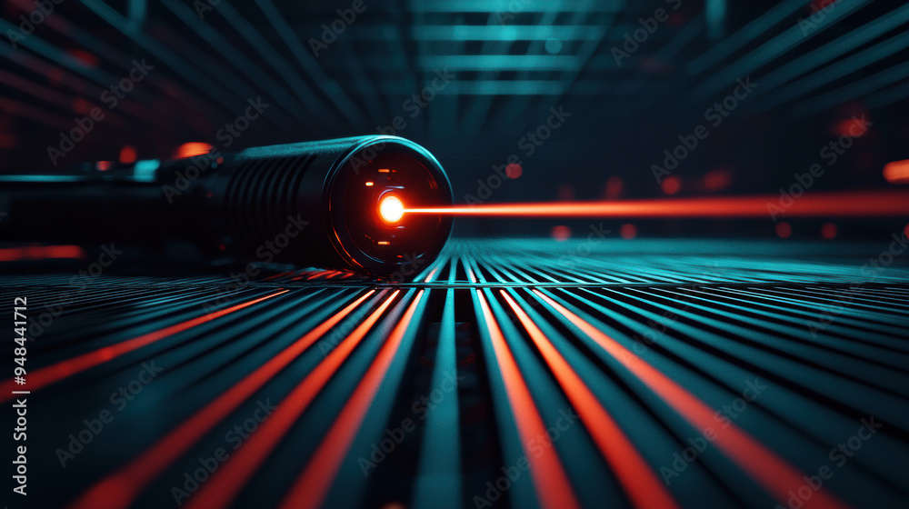 Futuristic laser beam device in a dark, industrial setting emitting red light, shot with dramatic lighting for a tech-inspired concept. Futuristic laser beam device in a dark, industrial setting emitting red light, shot with dramatic lighting for a tech-inspired concept.