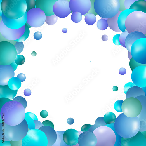 Abstract pattern with glass blue balls or precious pearls. Glossy realistic ball. 3D vector illustration highlighted on a light background. Photo frame. Eps 10