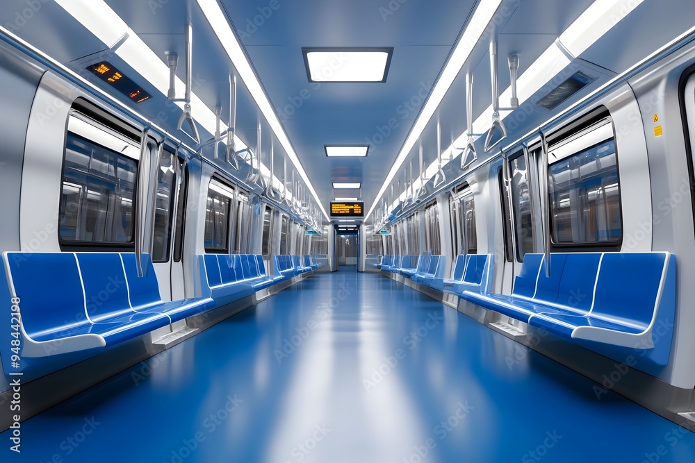 Obraz premium Minimalist and modern interior of an empty metro train with blue flooring geometric pattern seating and bright lighting creating a sleek and futuristic transportation environment