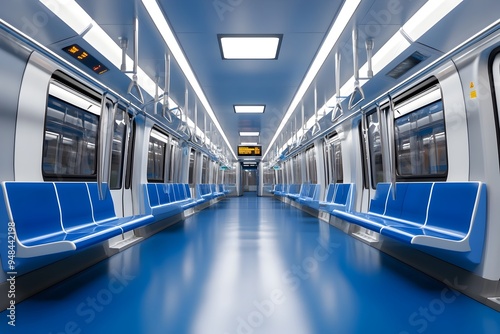 Minimalist and modern interior of an empty metro train with blue flooring geometric pattern seating and bright lighting creating a sleek and futuristic transportation environment