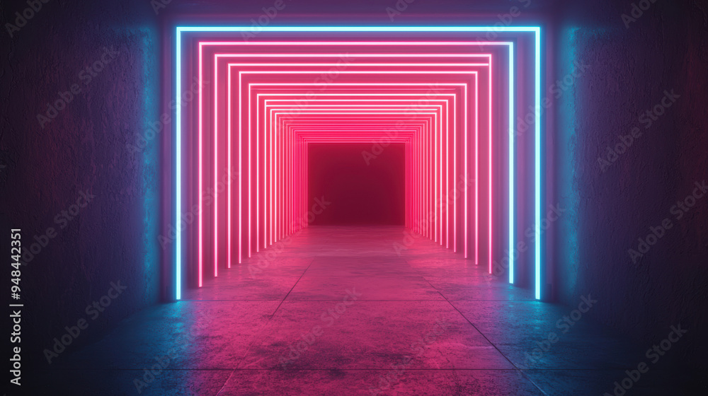 Fototapeta premium Futuristic neon light tunnel with vibrant pink and blue colors creating a mesmerizing and modern visual effect. Perfect for tech and design themes.