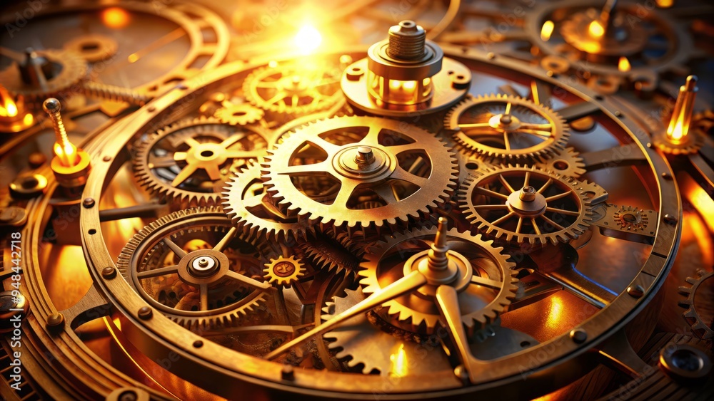 Intricate mechanical clockwork gears, springs, and cogs are illuminated by a warm golden light, revealing the intricate inner workings of a traditional timepiece. Intricate mechanical clockwork gears, springs, and cogs are illuminated by a warm golden light, revealing the intricate inner workings of a traditional timepiece.