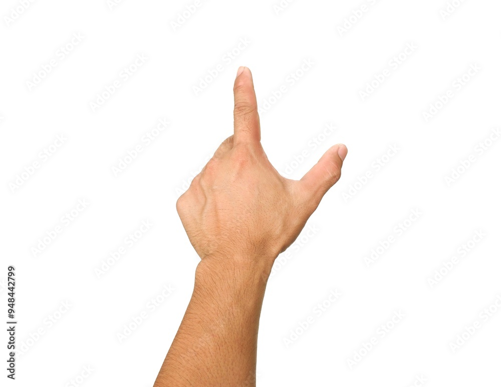 Men's hands making gestures like I'm pointing at something. or touch the phone screen Isolated on white background. Men's hands making gestures like I'm pointing at something. or touch the phone screen Isolated on white background.