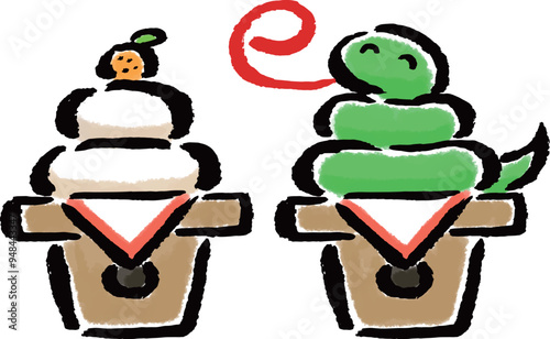  鏡餅の真似をする蛇（巳）　筆タッチ手描きイラスト