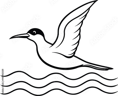 Cheerful tern gliding effortlessly over ocean waves in line drawing

