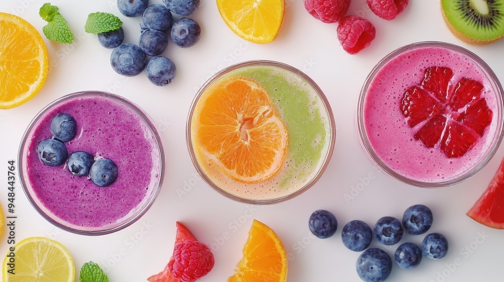 Three vibrant smoothies in clear glasses are surrounded by a variety of fresh fruits in a cheerful summer display Three vibrant smoothies in clear glasses are surrounded by a variety of fresh fruits in a cheerful summer display