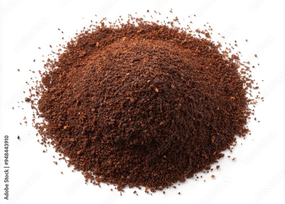 Finely ground black tea powder scattered evenly on a clean white background, showcasing its rich brown color and delicate texture in a top view. Finely ground black tea powder scattered evenly on a clean white background, showcasing its rich brown color and delicate texture in a top view.