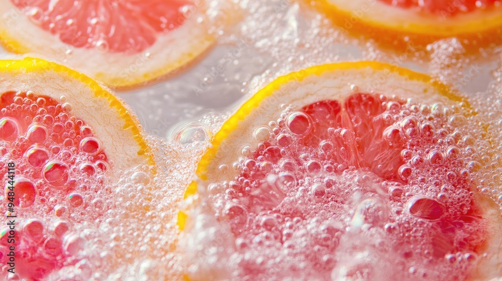 Close-up of pink grapefruit slices floating in bubbly water, with the bright citrus colors Close-up of pink grapefruit slices floating in bubbly water, with the bright citrus colors