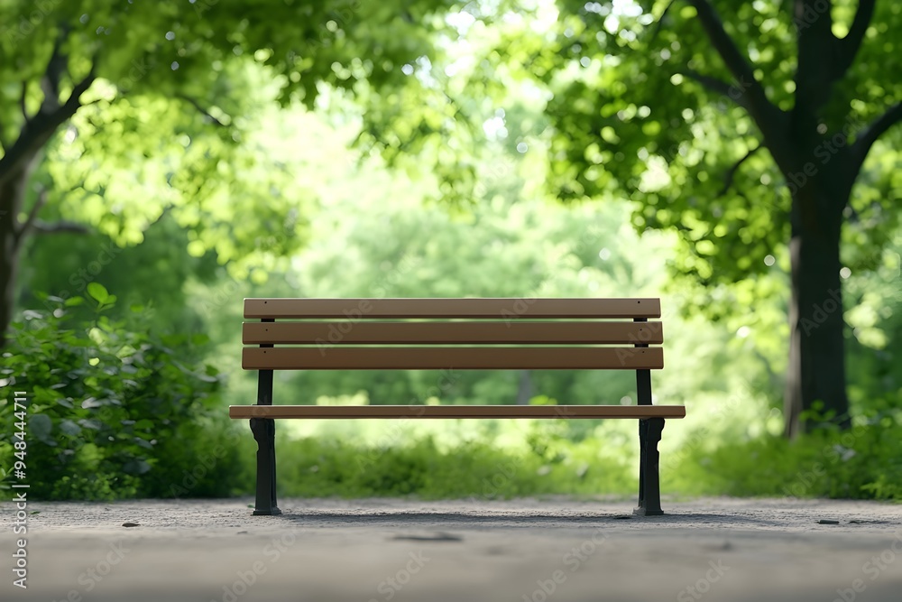 Peaceful wooden bench nestled in a serene park surrounded by a lush canopy of green trees casting a dappled shade Peaceful wooden bench nestled in a serene park surrounded by a lush canopy of green trees casting a dappled shade