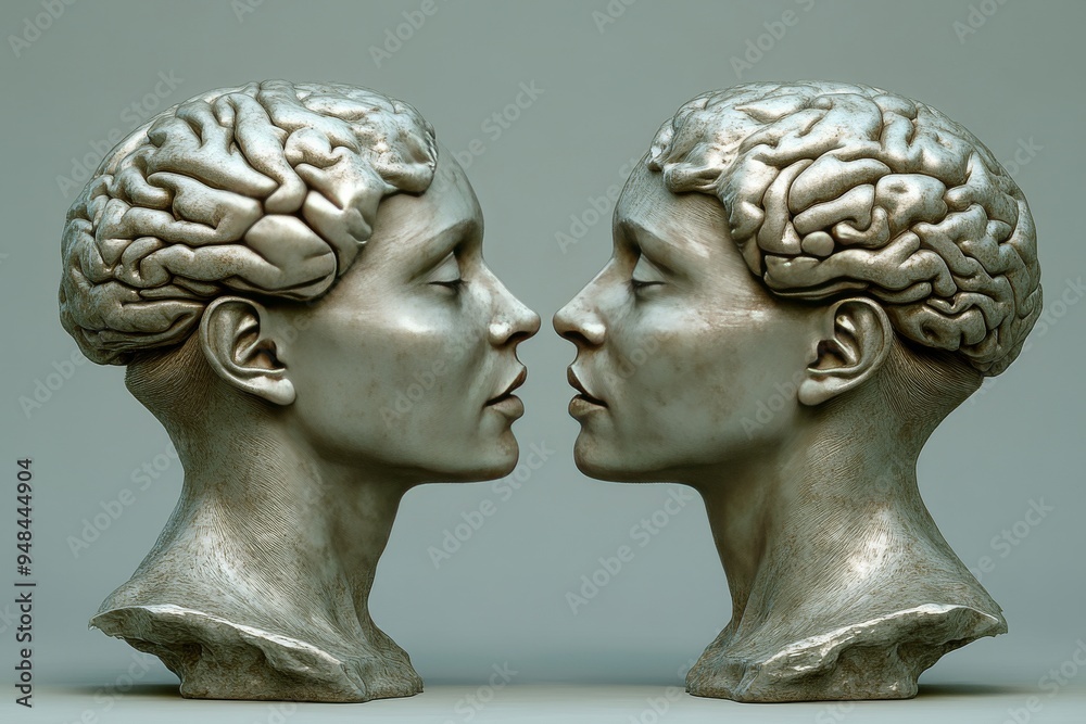 Bronze sculpture of two faces with detailed brain patterns symbolizing the intellectual connection and shared thoughts in a timeless classical design Bronze sculpture of two faces with detailed brain patterns symbolizing the intellectual connection and shared thoughts in a timeless classical design