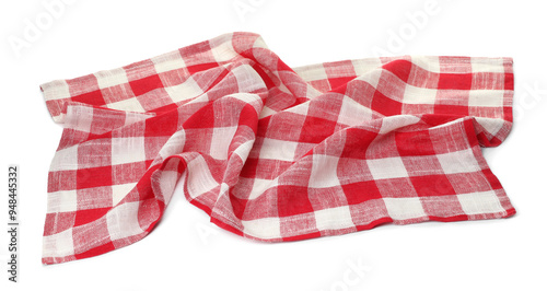 Crumpled tablecloth with checkered pattern isolated on white, top view