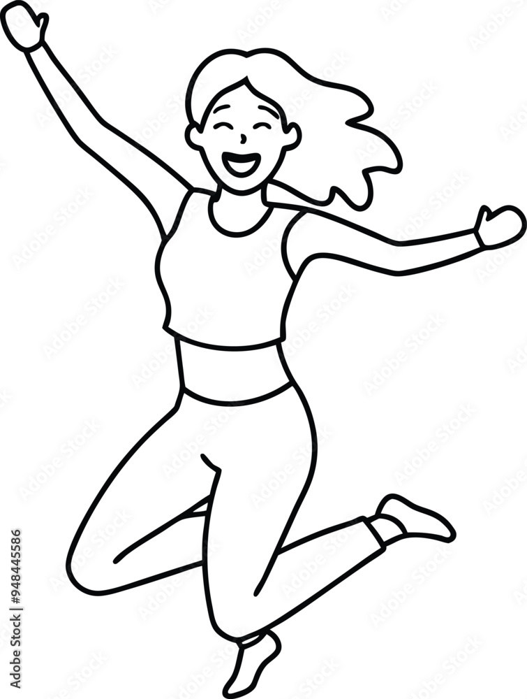 Fototapeta premium Dynamic line drawing of a happy woman jumping conveying exuberance and carefree spirit