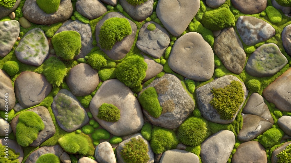 Smooth stones covered with lush grass creating a harmonious and natural landscape with copy space Smooth stones covered with lush grass creating a harmonious and natural landscape with copy space