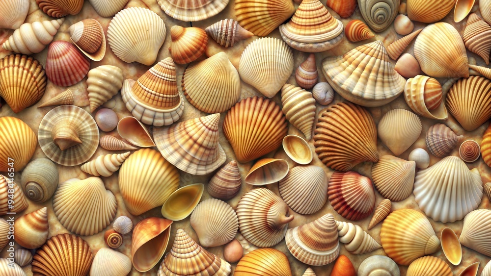 Variety of colorful sea shells displayed together showcasing oceanic beauty and diversity with copy space Variety of colorful sea shells displayed together showcasing oceanic beauty and diversity with copy space