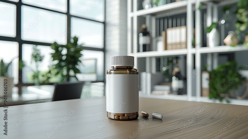 A bottle of pills with a blank label sits on a wooden table in a modern office setting. A bottle of pills with a blank label sits on a wooden table in a modern office setting.