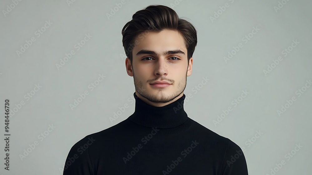Young Man in Black Turtleneck with Copyspace, Pale Grey Background Young Man in Black Turtleneck with Copyspace, Pale Grey Background