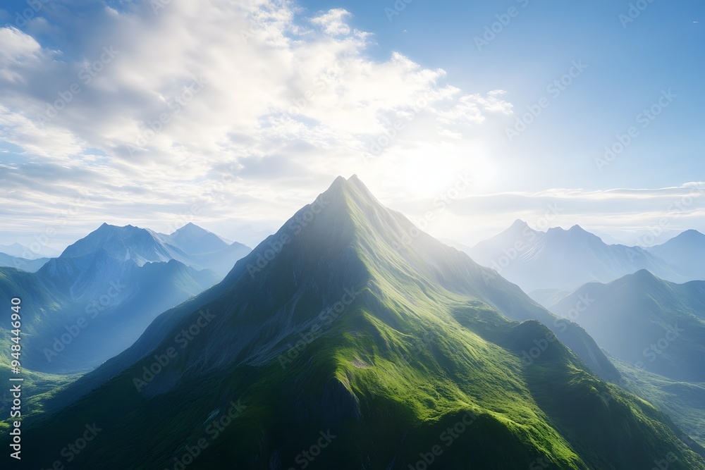 Breathtaking aerial view of a towering mountain peak bathed in ethereal light surrounded by sweeping vistas of lush valleys rolling hills and distant mountain ranges in a serene Breathtaking aerial view of a towering mountain peak bathed in ethereal light surrounded by sweeping vistas of lush valleys rolling hills and distant mountain ranges in a serene