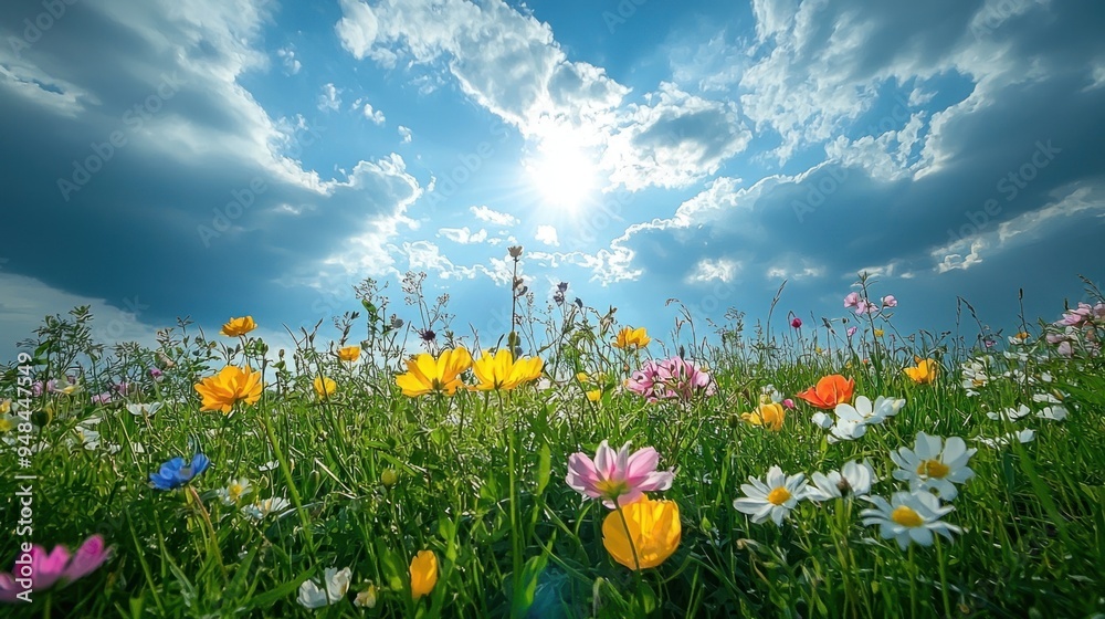 Obraz premium Radiant Sunshine Piercing Through Clouds Above a Blossoming Meadow in Ever-Changing Weather, Symbolizing Renewal and Hope