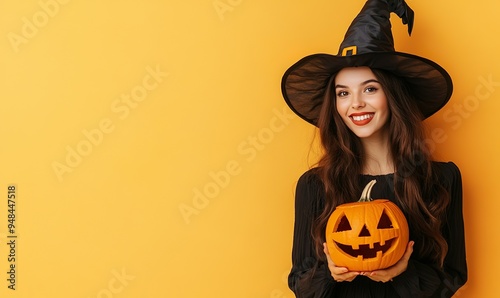 Smiling Witch Holding a Cute Jack-o'-Lantern Pumpkin Against a Bright Yellow Background Celebrating a Fun and Happy Halloween with Playful Vibes..