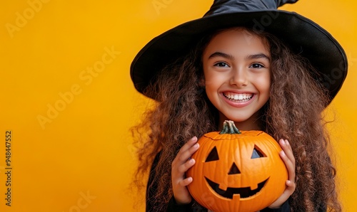 Smiling Witch Holding a Cute Jack-o'-Lantern Pumpkin Against a Bright Yellow Background Celebrating a Fun and Happy Halloween with Playful Vibes..