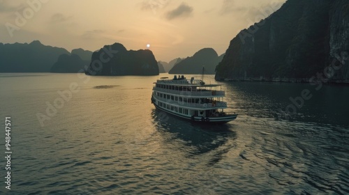 A large cruise ship navigates calm waters, surrounded by majestic cliffs, under a setting sun.