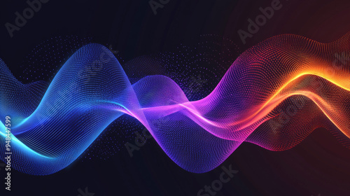Vector illustration of dynamic, wavy light lines in blue, purple, and orange on a black background, representing energy, electricity, technology, 5G, science, and music. 