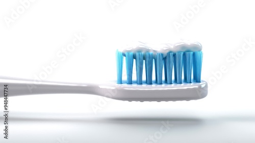 Close-up of a toothbrush with blue bristles and white toothpaste, isolated on a white background. Dental hygiene concept.