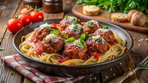 Juicy homemade meatballs served on top of a generous serving of steaming hot spaghetti, drizzled with rich marinara sauce and sprinkled with parmesan cheese. photo