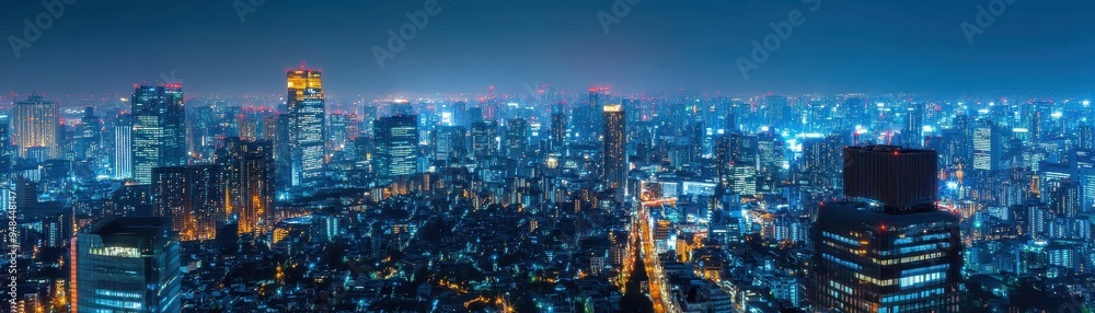 Stunning panoramic view of a bustling cityscape at night, illuminated with vibrant lights, showcasing the urban metropolis in all its glory. Stunning panoramic view of a bustling cityscape at night, illuminated with vibrant lights, showcasing the urban metropolis in all its glory.
