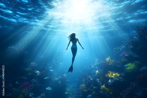 A captivating scene of a majestic mermaid effortlessly gliding through a serene underwater kingdom surrounded by vibrant schools of colorful fish and a serene otherworldly ambiance