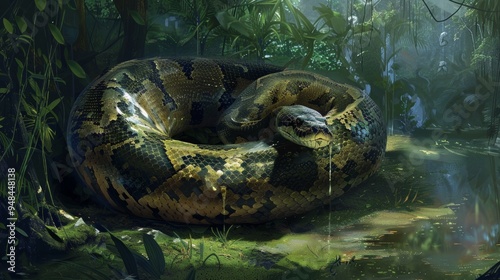 A large green snake with yellow patterns rests in the jungle, its scales shimmering in the sunlight.