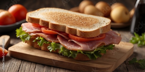 Toasted ham sandwich on a wooden board with fresh ingredients. photo