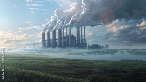 A large industrial plant releases plumes of smoke into a foggy landscape, symbolizing environmental impact. photo