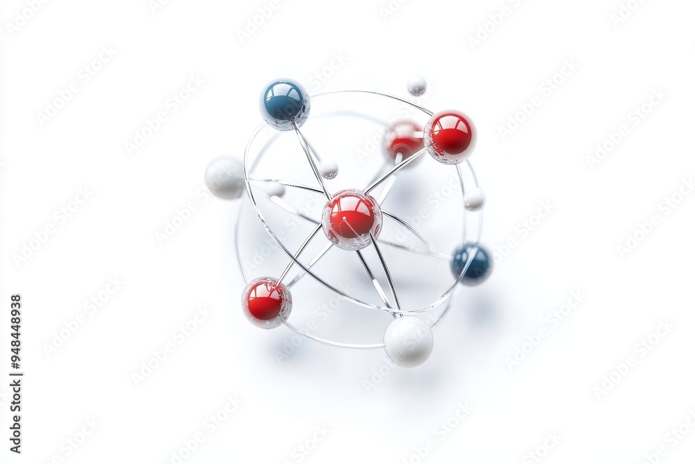Obraz premium A detailed representation of an atomic model featuring colored particles and orbiting paths against a clean white background