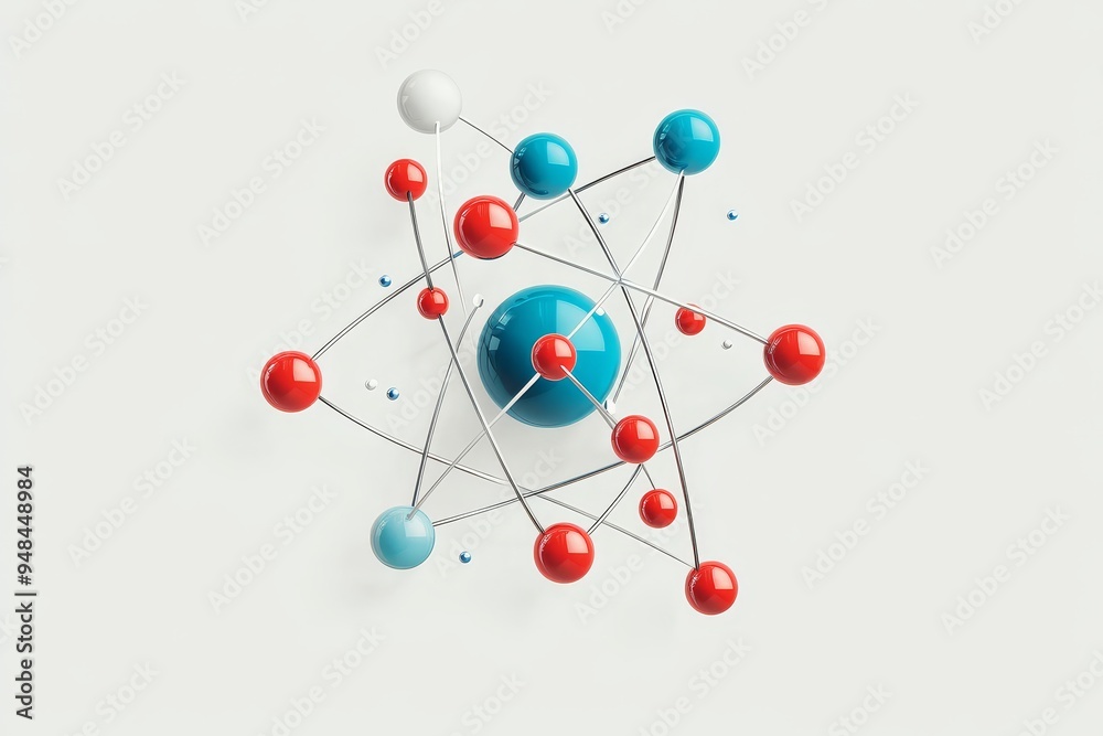 A colorful atomic model representing the structure of matter with electrons and protons against a light background A colorful atomic model representing the structure of matter with electrons and protons against a light background