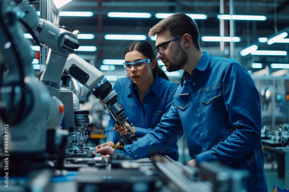 Portrait of a Young Male Assembly Line Worker and Hispanic Female Engineer Collaborating on a Project, Using Computer and Talking in a Factory with Robotic Arms Producing Devices for Tech Industries
