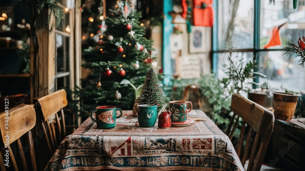 Obraz premium A welcoming cafe corner features a holiday-themed table with warm drinks, surrounded by a decorated Christmas tree and vibrant greenery outside