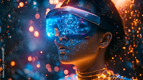 A girl wearing virtual reality glasses. Augmented reality is the concept of the technology of the future.