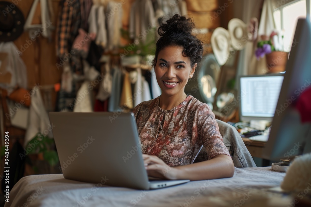 Portrait Of Female Tailor Using Laptop Computer to Work on a Creative Project for a Client. Small Business Owner Smiles as she Receives Positive Reviews on her Online Service Portrait Of Female Tailor Using Laptop Computer to Work on a Creative Project for a Client. Small Business Owner Smiles as she Receives Positive Reviews on her Online Service
