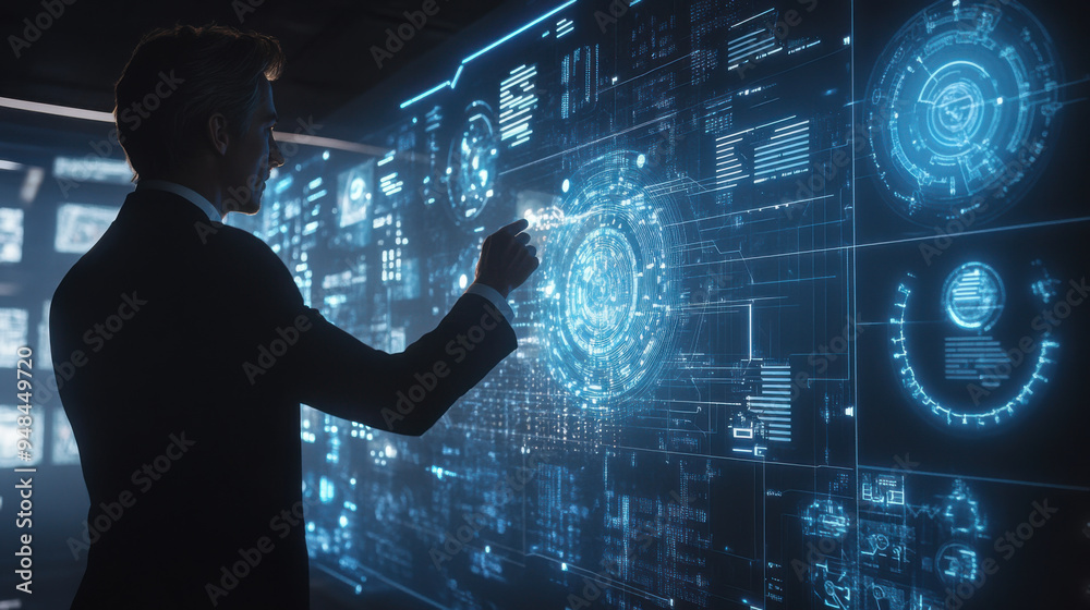 Businessman interacting with an advanced digital touch screen displaying a futuristic
