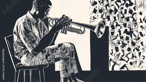 A stylized vector illustration of a jazz musician playing a trumpet in an engraving style.